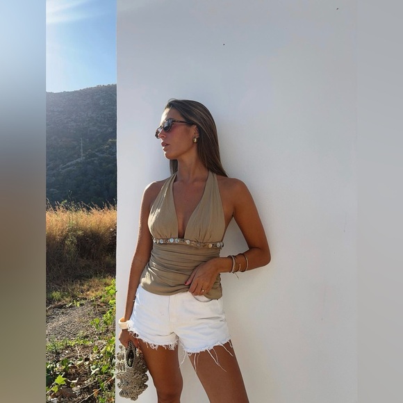 Zara Tops - Zara NWT Bohemian Beach Resort Wear Tan V Neck Sea Shell Halter Top (Medium)